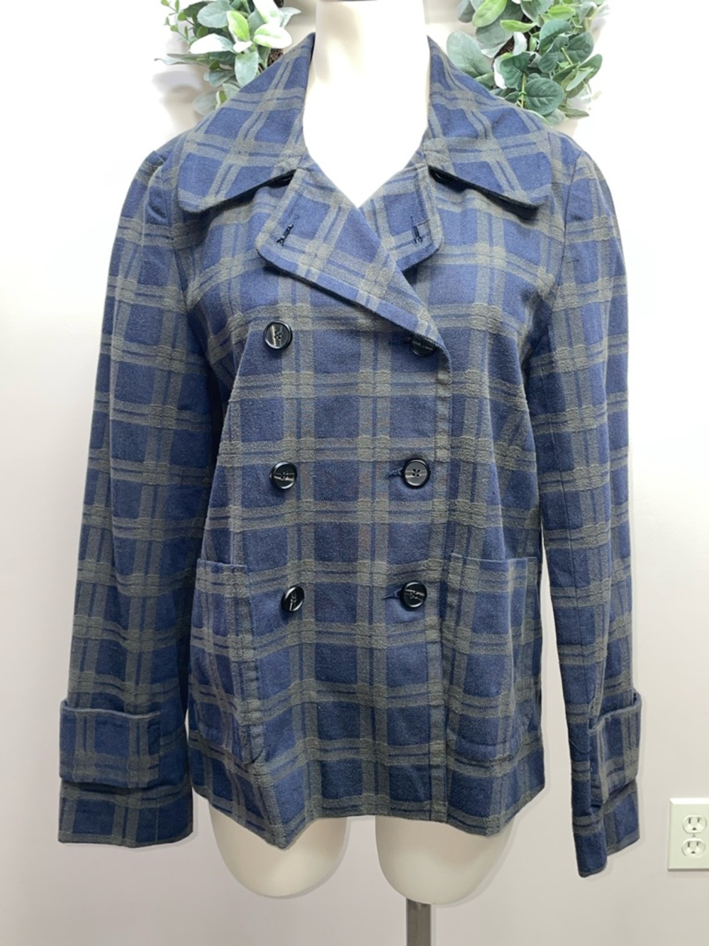 Symphony + Note Navy and Green Plaid Double Breasted Cotton Lined Peacoat S